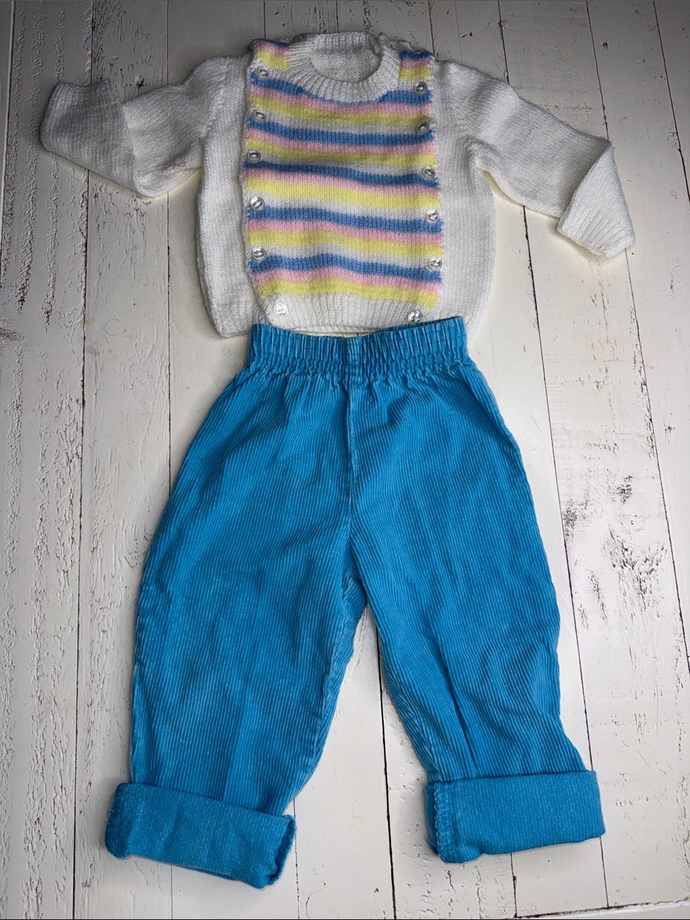 18m-2T 70s White Knit Baby Sweater Pastel Striped Bib & Baby Blue Corduroy Pants